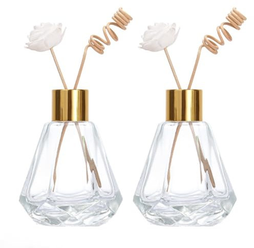 Happyupcity 2pcs 60ml / 2oz Vide Losange Verre diffuseur Pot Huile Essentielle diffuseur Set avec Bouchon en Caoutchouc et Bouchon dor aromathérapie récipient de Stockage Parfum Accessoires