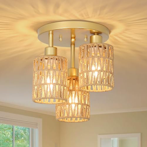 Rayofly Rattan Deckenlampe Hängend, 3-flammige Boho Deckenleuchte mit Rattan Lampenschirm, Vintage Deckenlampe Bambus, Modern Deckenlampe Wohnzimmer, Gold Korb Lampe für Schlafzimmer, Küche, Flur