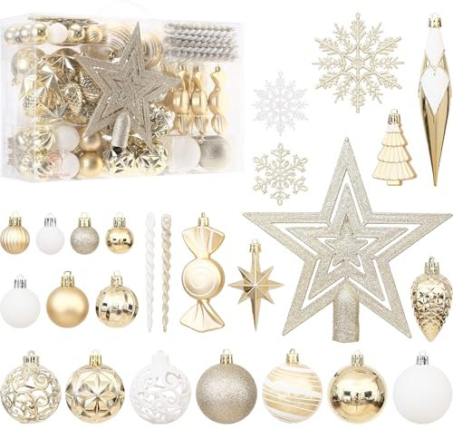 Sea Team Set di 130 palline di Natale assortite in plastica infrangibile, palline decorative, ciondoli, decorazioni con puntale per albero di Natale, ghirlande, decorazioni con puntale per albero di