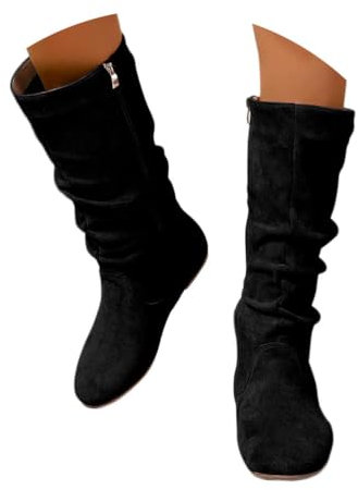 Onsoyours Stivali Alti Donna Stivaletti in Pelle Scamosciata Boots con Zip Stivali Lungo Stivaletti Eleganti Autunnali Invernali Comode con Tacco Piatto A Nero 38 EU