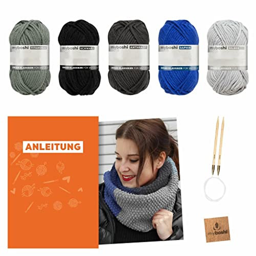 myboshi Strickset Schal New Haven, inkl. No.1 Wolle, Rundstricknadel, Anleitung und Label, Strickpaket für Anfänger, 30% Merinowolle Blau-Grau mit Rundstricknadel