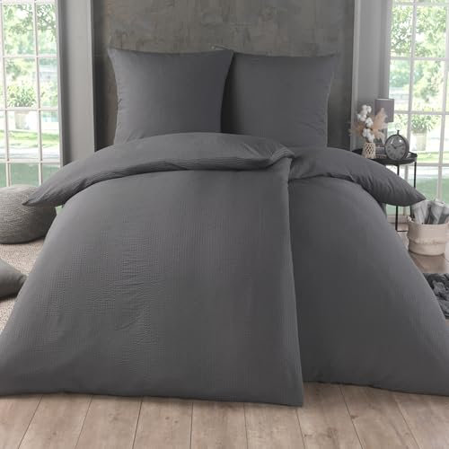 Kuscheli 4 teilig Dreamhome Uni fein Seersucker Wende Bettwäsche Bettbezug für Bettdecke Kissenbezug 80x80, Farbe:Grau, Größe:2X 135x200 + 2X 80x80 cm