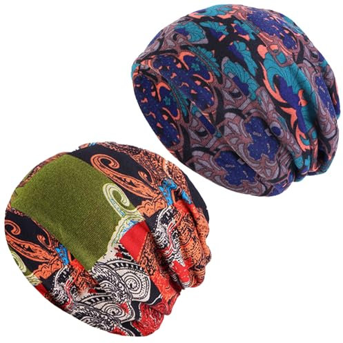 ARROMI Lot de 2 chapeaux de chimio pour femme - Foulard d'été pour femme - Super doux et souple - Turban (orange + bleu), multicolore, M