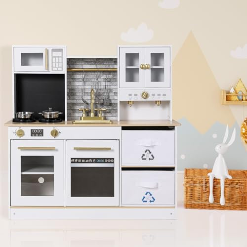 Cucina giochi con luce e suono, cucina per bambole in legno, 90 x 30 x 90 cm, cucina per bambini in legno, cucina giocattolo con 2 grandi scatole portaoggetti, giocattolo per bambini, con accessori