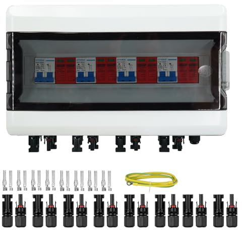 GTYORUS Boitier de Jonction Photovoltaïque Solaire, IP65 Protection Contre Les Surtensions DC Photovoltaïques, 4 String 500V PV DC Disjoncteur avec Fiche Solaire(4 in 4 out, 40A)