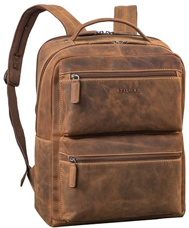 STILORD Gustavo Business Backpack Leather Large - 15-16 inch Laptop Backpack Elegant - Stylish Real Leather Rucksack Women and Men with Trolley Sleeve for Travelling Colour:Bergamo - Brown