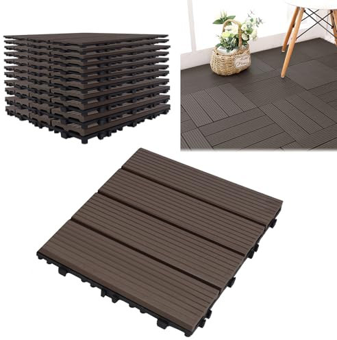 ACXIN WPC - Piastrelle per terrazze, in plastica, effetto legno, per terrazze, piastrelle a clic, ritagliabili, per giardino/balcone/terrazza (11, marrone chiaro, 30 x 30)