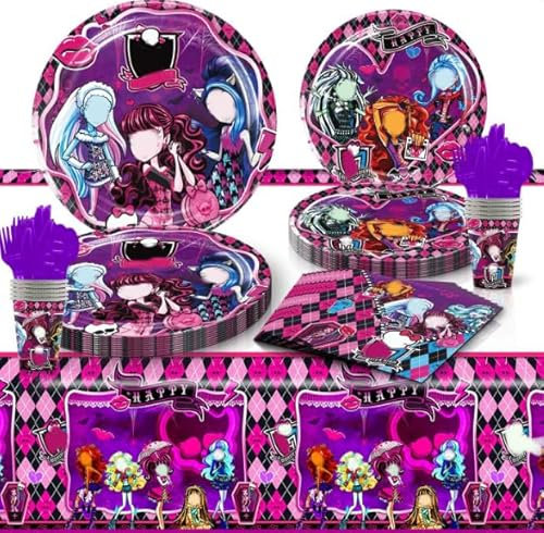 Monster Ensemble de Vaisselle Anniversaire, 51pcs Monster Thème Vaisselle de Fête Pour Enfants - Plat de Papier Tasse en Papier Serviette Nappe Fournitures De Fête de Dessin Animé