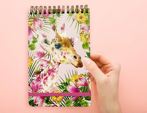 Lola Design - Top Spiral Notepad with Elastic Closure, Giraffe Pattern - Perfect for Jotting Down Notes, Shopping Lists, Reminders - 185x120x10mm, 150 Tear-off Pages
