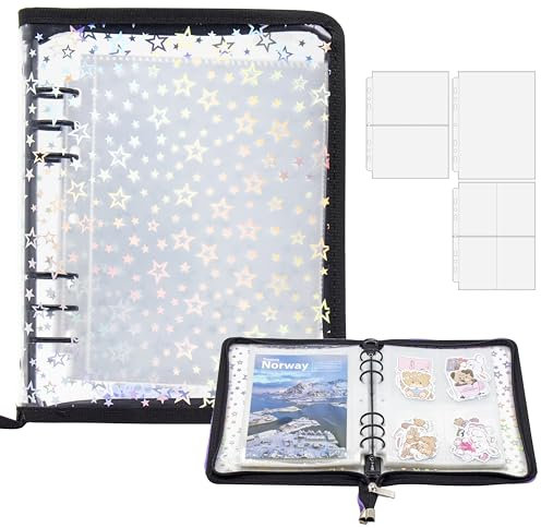 A5 Sticker-Sammelordner mit Reißverschluss, wiederverwendbares Sticker-Organizer-Album mit Taschen, perfekt zum Sammeln, Organisieren und Präsentieren von Stickern (Stern-Schwarz)
