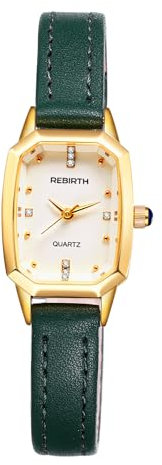 JewelryWe Damenuhr Klein Rechteckige Uhr: Minimalistisch Analog Quarz Armbanduhr Damen Grün Schmal Echtleder Lederarmband Ultradünn Lässige Uhr mit Eckigem Diamantskala Zifferblatt