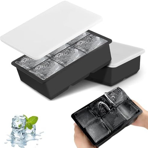 2 Pack Ice Cube Tray, Large Silicone Ice Cube Moulds with Lid, 6-Grids Ice Cube Trays Silicone, Food-Grade Material, Perfect for Whiskey, Cocktails and Beverages (Black)