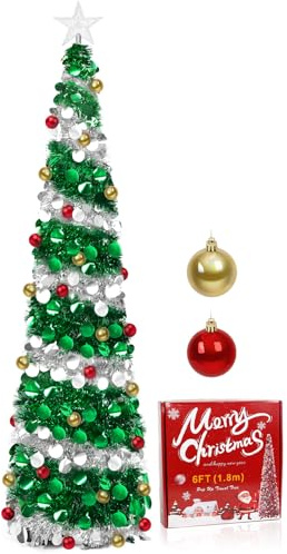 YHANEC Albero di Natale Pop Up, 180cm Pieghevole, Salvaspazio Stretto e Alto, Albero di Natale Slim con Supporto, Paillettes Scintillanti, Verde + Argento, per la Decorazione