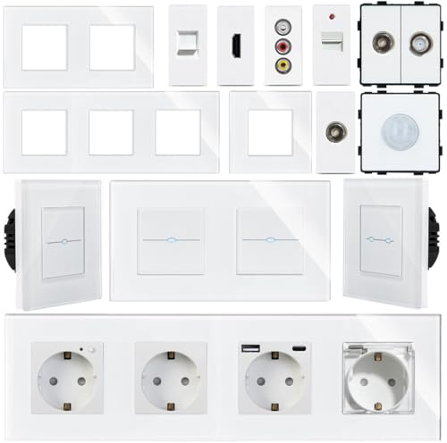 WLAN Steckdose & Touch Lichtschalter Wechselschalter Dimmer | LED beleuchtet | SmartHome | Alexa/Google Home kompatibel | Glasrahmen | LUXUS-TIME (1/2 SAT)