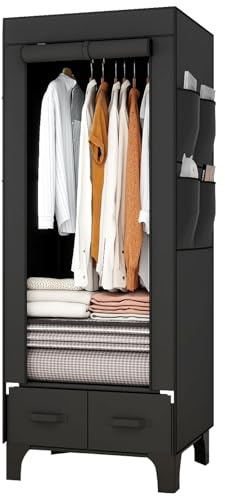 OPPAIYA Stoffschrank Stabil & Schmal 69cm, Faltbarer Kleiderschrank mit 2 Schubladen & 8 Seitentaschen, Kleiderständer Stabil mit Abdeckung, Campingschrank für Schlafzimmer, 69x45x160 cm Schwarz