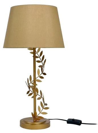 Relaxdays Tischlampe, Metallfuß, Stoffschirm, E27, HxD: 55x27 cm, Lorbeerranke, Tischleuchte mit Kabel, Wohnzimmer, Gold