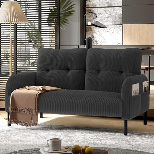 GULFXDS 2 Sitzer Sofa, Kleines Sofa, Cord-Zweisitzer mit Komfortpolsterung Seitentaschen Einladende Weichheit bei Optimaler Stützwirkung, Geeignet für Wohnung/Büro/Kleine Räume(Grau)