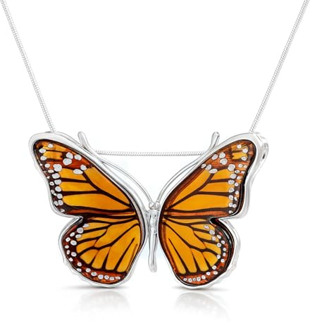 AMBEDORA 925 Sterling Silber Halskette mit Echtem Ostseebernstein Anhänger Monarchfalter P22 L Schmetterling Schlangenkette 45-50 cm Cognac