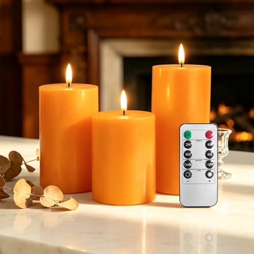 AiMok LED Kerzen Flammenlose, 3er Pack mit Fernbedienung, flackernde Säule Batteriebetriebener für Party, Zimmer, Wohnzimmer, Halloween, Weihnachten - Orange