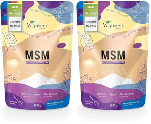 MSM Pulver 1000 g Vegavero | 99,9% rein | Deutsche Produktion | Methylsulfonylmethan | Organischer Schwefel | Kristallin | Laborgeprüft & Ohne Zusätze | Vegan (Packung mit 2)