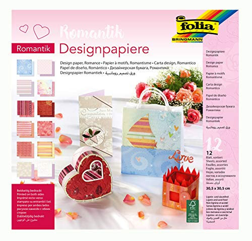 folia 10349 - Designpapier Block Romantik, ca. 30,5 x 30,5 cm, 190 g/qm, 12 Blatt sortiert in 12 verschiedenen Motiven, beidseitig bedrucktes hochwertig illustriertes Papier