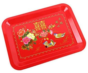 lachineuse - Plateau Chinois Rectangulaire - 38 x 28 cm - Plateau de Service en Métal - Coloris Rouge - pour Cuisine, Apéritif, Apéro - Motif Traditionnel Canards Mandarins - Idée Cadeau Asie Chine