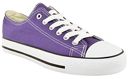 MyShoeStore® LADIES CANVAS SHOES WOMENS GIRLS SHOES CASUAL LACE UP RETRO PLIMSOLLS PLIMSOLES LOW TOP FLAT GYM SPORTS TRAINERS LIGHTWEIGHT SNEAKERS FASHION PUMPS SIZE Purple 5 UK