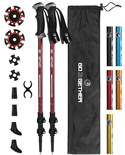 Explorer Trekking Hiking Poles Walking Sticks Canes Telescopic/Aluminum Alloy/Comfort BMM Handle/Auto-Adjustable Strap/Quick Flip Lock/Snow Baskets Attached (Pack of 2 Poles) (Orient Red)