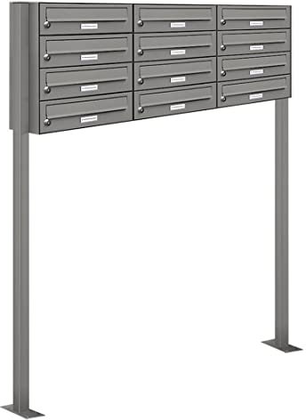 AL Briefkastensysteme 12er Briefkasten als Standbriefkasten, 12 Fach Briefkastenanlage in Aluminiumgrau RAL 9007 Postkasten modern