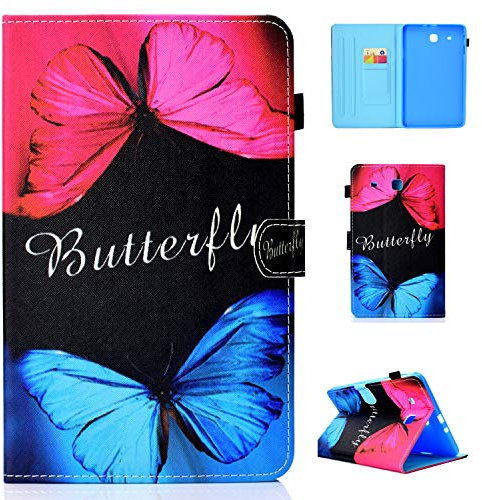 Lspcase Samsung Galaxy Tab E 9.6 Pouces SM-T560 / T561 Coque Motif Papillon Bleu Rouge PU Cuir Flip Housse Étui Cover Case Pochette Support avec Porte-Cartes pour Samsung Galaxy Tab E 9.6 Pouces