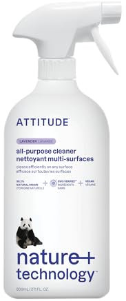 ATTITUDE All Purpose Cleaner Spray, EWG Verified, Vegan, Made with 94% Plant-Based Ingredients, Streak-Free for Kitchen, Bathroom, Glass & More, Lavender Scent, 800 mL