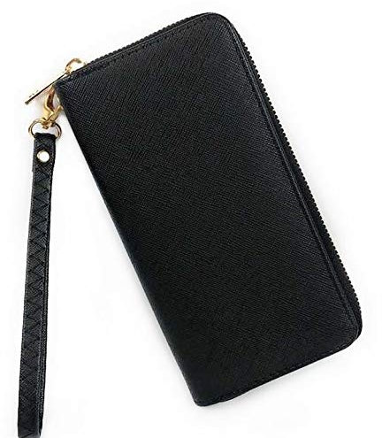 ELIOX Portafoglio Donna Zip Around In Pelle Sintetica Grande Elegante Spazioso Capiente Con Portamonete Portatessere Idea Regalo (Nero)