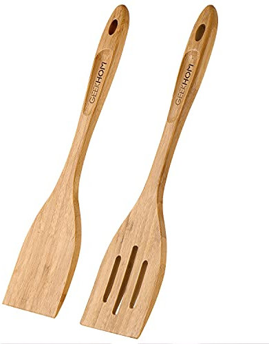 GEEKHOM Bamboo Spatulas for Nonstick Cookware, 13 Inch Wooden Kitchen Utensils, 2 Pack Wooden Spatula for Cooking, Slotted Wok Turners, Flipper for Pancake, Fish, Egg