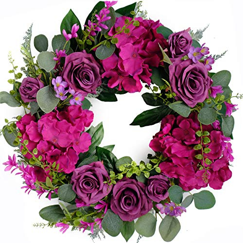 Bibelot Artificial Purple Rose Wreaths 20 inches Front Door Wreath with Hydrangea Green Leaves Artificial Spring Wreaths Valentines Mother's Day Wreath for Wall Wedding Party Home Decor (Purple)