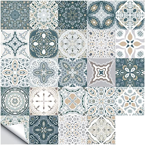 Umelee Stickers Carrelage 24 Pièces, Autocollants de Carrelage Adhésifs Mural, Autocollants Marocains Imperméables pour Décoration de Cuisine, Salle de Bain, Chambre à Coucher (24 Pièces, 20×20cm)