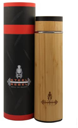 Steel Rebel - Bambú acero inoxidable – Botella isotérmica con filtro de acero inoxidable perfecto para té – 500 ml de bambú ecológico y natural, libre de plástico