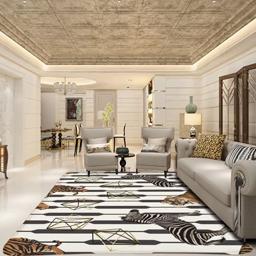 Moderner Teppich mit Zebra und TigerIllustrationen, rutschfester Teppich für Wohnzimmer, Schlafzimmer, Spielzimmer, Flur, bedruckter Teppich, rechteckige Matte, HeimdekorMatte, großer