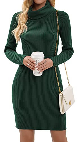 Imuedaen Strickkleid Damen Rollkragen Elegant Langarm Tunika Pullikleid Lang Strickpullover Minikleid Pullover für Herbst Winter (A Dunkelgrün, M)