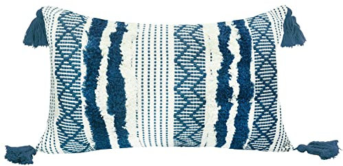 LIGICKY Boho Kissenbezug Büschelige Dekorative Kissenbezüge Getuftet Weich Kissenhülle mit Quaste Baumwolle Kissen Boho für Sofa Couch Schlafzimmer Wohnzimmer Büro Auto, 30 x 50 cm, Blau und Weiß