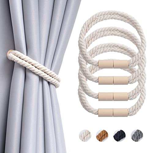Pretty Jolly 4 Stück Magnetische Vorhang Raffhalter aus Holz, Boho-Dekoration, Raffhalter, handgefertigt, doppeltes Baumwollseil, Vorhanghalter für Zuhause und Büro, Fenstervorhänge (Beige)