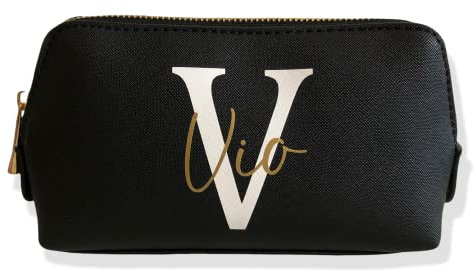 Kosmetiktasche personalisiert Initial + Name, Schminktasche, Kulturtasche für Damen, Handtasche, Geschenk Frauen, Schminke Beauty Make-Up (klein, schwarz)