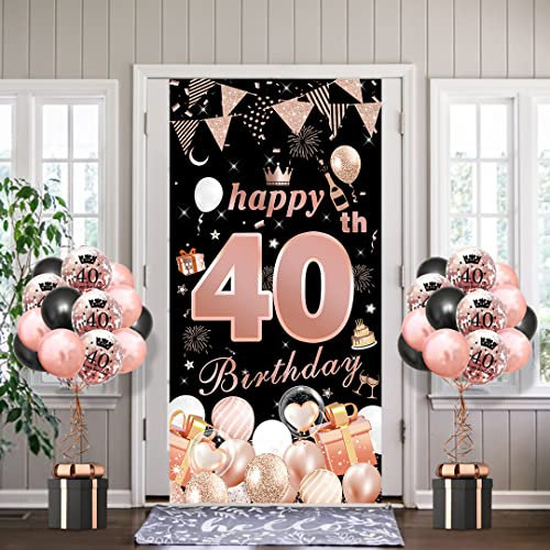 Decoration Anniversaire 40 ans, SWPEED Or Rose Noir Banderole Joyeux Anniversaire Bannière Noir Or Rose Ballons Confettis, 40 ans Deco Anniversaire Toile Affiche Fond Photo pour Femme Réutilisable