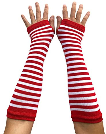 AUSUAYA Gestreifte Handschuhe, lang, fingerlos, gestrickte Armstulpen für den Winter, für Punk, Rock und Cosplay, Gothic, Halloween-Party, GB-WM-S-G5, Weiß und Rot gestreift, One size