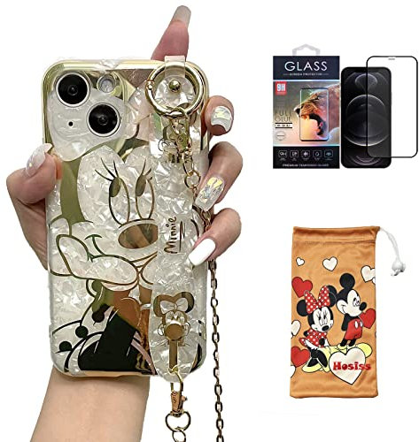 Hosiss Cartoon Case for iPhone 14 6.1 with HD Screen Protector, Minnie Mouse with Wrist Strap Kickstand Metal Chain Strap Soft TPU Shockproof Protective for Girls Women