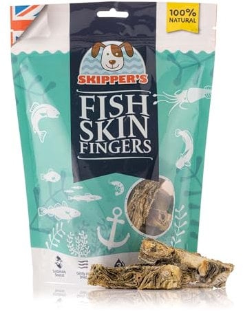 SKIPPER'S Fish Skin Jerky Fingers - Gently Air Dried, Good for Teeth & Digestion, Remove Plaque & Tartar, Essential Omega 3 Oils, Healthy, Low Fat & Grain Free Dog Treats & Chews | 70g