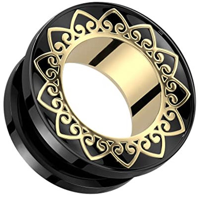 beyoutifulthings Ohr-Tunnel Schwarz Gold Mandala-Rand Chirurgenstahl Ohr-Piercing Ohr-Schmuck Plug Screw Fit Schraub-Verschluss 8-mm