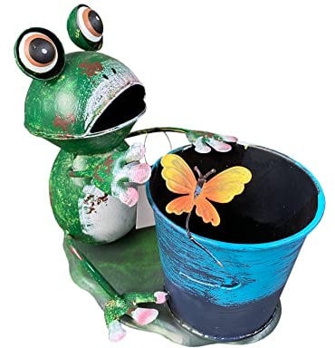 Green Frog Ornamental Planter Animal Garden Sculpture Rustic Distressed Metal Patio Frogs Ornament Home indoor Flower Pot Herb Vase table decoration Gift (A)