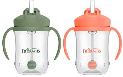 Dr. Brown's Milestones, Baby's First Straw Cup Sippy Cup with Straw, 6m+, 9oz/270ml, 2 Pack, Coral & Olive Green, BPA Free