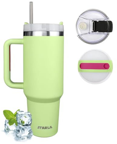 STARLA Mug Isotherme avec paille et poignée, 1,2l grand, 2 couvercles, tasse isotherme étanche, tasse à café à emporter, tasse à eau, tasse à boisson, tasse de voyage, tasse à boire (Vert clair)