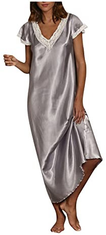 HaicoM Seidenwäsche Für Damen Damen Kurzarm V-Ausschnitt Homewear Pyjamas Langes Kleid Nachthemden Nachtwäsche Baseball Trikot Damen (Grey, XXXXL)